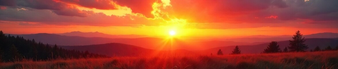 Fototapeta premium Golden hour sunrise paints the sky in vibrant hues, casting a warm glow over the landscape Perfect for radio station branding, travel, or nature themes , photo, scenic, pink