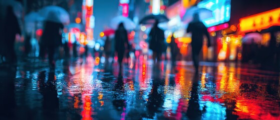 Vibrant Night Scene of Urban City Streets with Reflections and Umbrellas in Rainy Weather