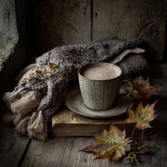 Cozy Autumn Scene with Warm Drink, Soft Knit Scarf, and Beautiful Fallen Leaves on Rustic Wood Background