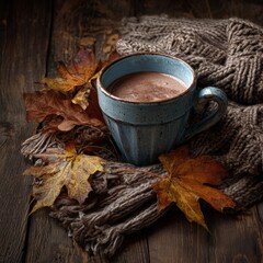 Cozy Hot Chocolate in Rustic Blue Mug Surrounded by Autumn Leaves and Warm Knitted Blanket