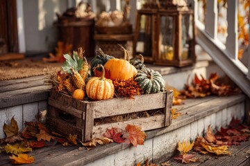 Cozy Autumn Decoration with Pumpkins, Gourds, and Colorful Leaves on Wooden Steps in Fall