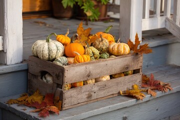 Rustic wooden crate filled with colorful pumpkins and gourds in autumn setting with fallen leaves