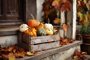 Rustic wooden crate filled with pumpkins and gourds surrounded by vibrant autumn leaves on a porch
