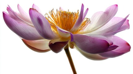 Fototapeta premium Closeup of a glowing pink and white lotus blossom with delicate petals and golden stamens against a pure white background, captured from a lowangle perspective with soft lighting and copy space on th