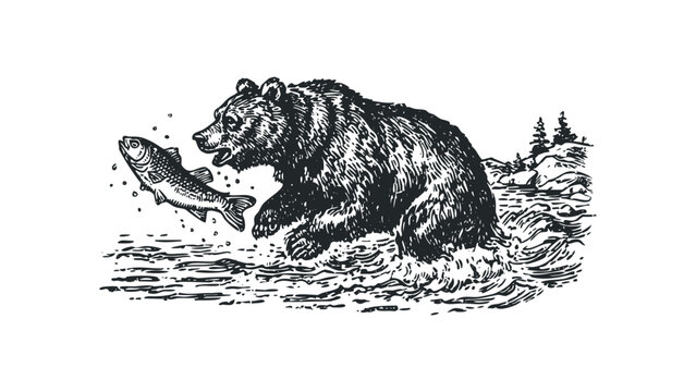 Woodcut style bear catching fish in river. Vector hand drawn illustration