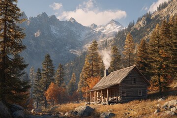 Scenic Mountain Cabin Surrounded by Autumn Trees and Majestic Snow-Capped Peaks in Peaceful Wilderness
