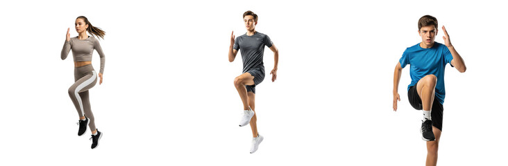 Set of three fit young adults, a woman and two men, performing cardio high knee exercises. Full body collage of athletes running in place isolated on a white background