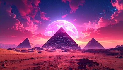 Mystical Pyramids of a Crimson Desert Under a Gigantic Luminous Orb in a Surreal Sky