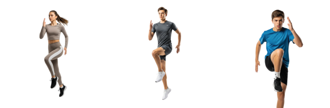 Set of three fit young adults, a woman and two men, performing cardio high knee exercises. Full body collage of athletes running in place isolated on a white background