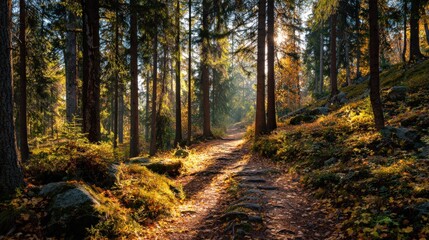 Serene Forest Trail with Sunlight Filtering Through Trees in Autumn Landscape