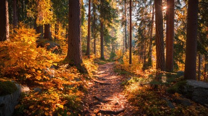 Scenic Autumn Trail Through Lush Forest Surrounded by Vibrant Colors of Fall Foliage and Sunlight