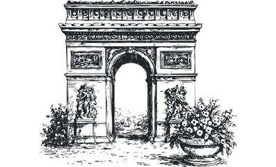 Fototapeta premium Archway monument with intricate carvings and floral arrangements. Vector hand drawn illustration