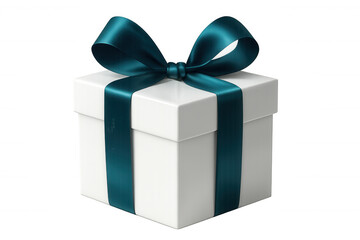 Closed white gift box with teal ribbon on transparent background, perfect for celebrations and special occasions