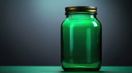 A green glass jar with a gold lid sits on a green surface.