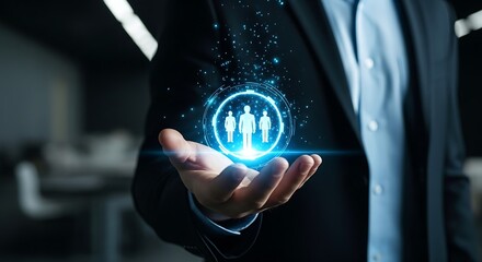 Professional Holding Glowing Digital Human Resource Icons, Symbolizing Team Building And Talent Management Success