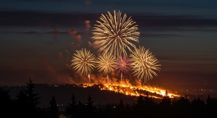 Fireworks Explode Over Burning Hills at Night celebration