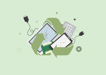 Electronic Devices with Green Recycling Symbol Arrow. Broken electronic devices. E-waste management. E-waste concept. Zero waste and recycling. Flat design. Electronic waste. Vector illustration