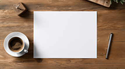 Blank White Paper on a Wooden Desk with Coffee and Pen and small plant. Ideal for business, creativity, or conceptual themes.