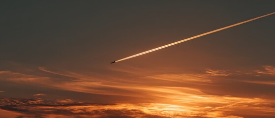 Jet Tracing Across Vibrant Sunset Sky with Colorful Clouds and Silhouette of Aircraft in Flight