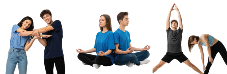 A dynamic collage of a young couple embracing a healthy lifestyle, featuring scenes of playful stretching, serene meditation, and fitness exercises