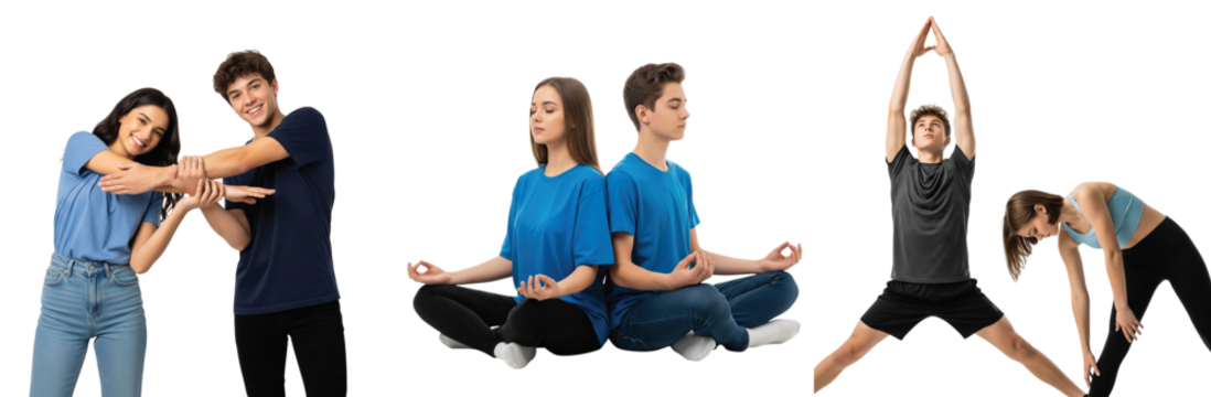 A dynamic collage of a young couple embracing a healthy lifestyle, featuring scenes of playful stretching, serene meditation, and fitness exercises - Powered by Adobe