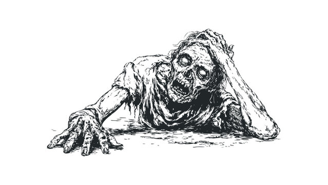 Terrified person with hands on head, coming out of dark water, ink drawing. Vector hand drawn illustration