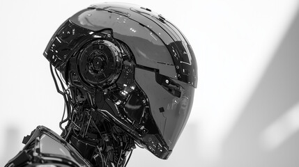 Futuristic black humanoid robot head with complex cybernetic details and glossy helmet, isolated on white background.