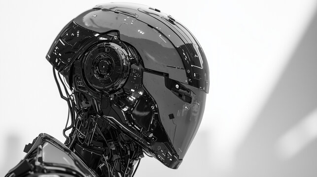 Futuristic black humanoid robot head with complex cybernetic details and glossy helmet, isolated on white background.