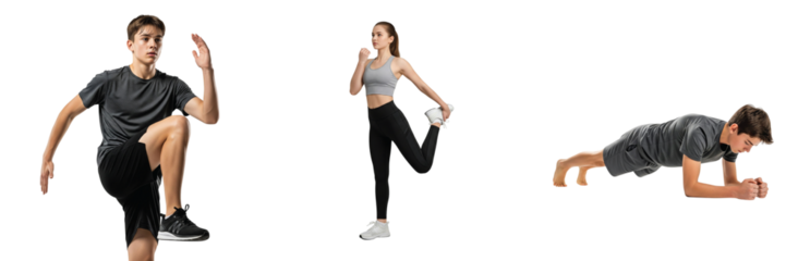 A collection of young athletic people performing various fitness exercises and warm-up stretches isolated on a white background collage