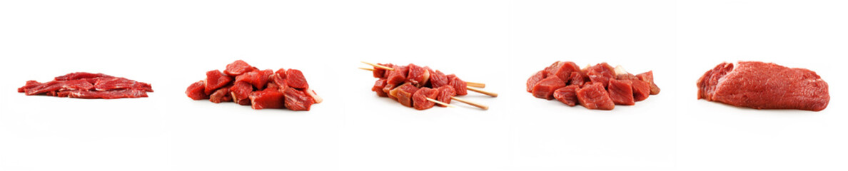 Assorted Beef Cuts Featuring Diced, Julienned, and Skewered Pieces for Grilling and Cooking Use