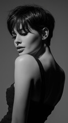 Short black hair woman portrait black and white side view sensual beauty fashion studio lighting monochrome