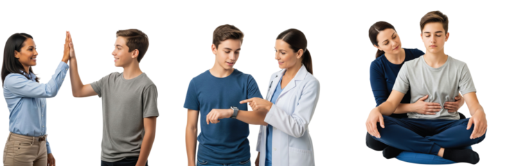 Set of images illustrating the importance of a support network for a teenager, including family care, medical advice, and positive encouragement