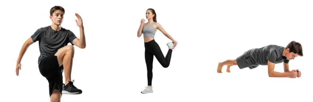 A collection of young athletic people performing various fitness exercises and warm-up stretches isolated on a white background collage