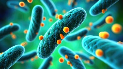 Microscopic View of Rod- Shaped Bacteria with Orange Spheres