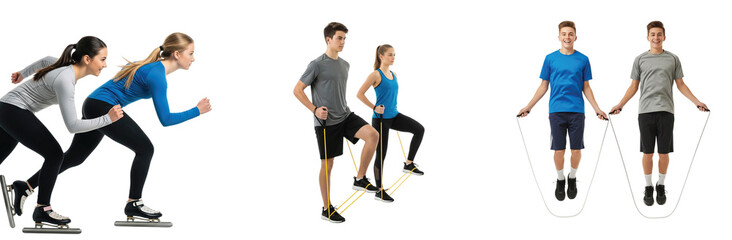 Set of young athletic couples performing various fitness exercises like sliding, high knees, and jumping rope in a studio on a white background