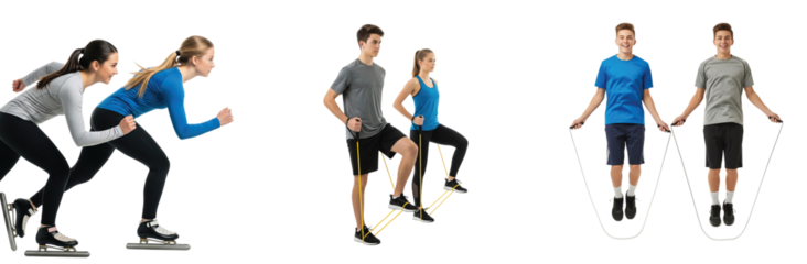 Set of young athletic couples performing various fitness exercises like sliding, high knees, and jumping rope in a studio on a white background