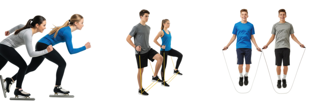 Set of young athletic couples performing various fitness exercises like sliding, high knees, and jumping rope in a studio on a white background - Powered by Adobe