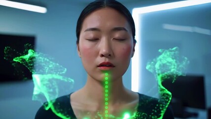 Young woman meditating with a holographic display of green energy in a modern office environment - Powered by Adobe