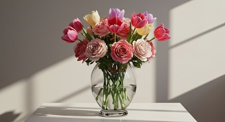 Fototapeta premium Elegant bouquet of colorful roses and tulips in a clear glass vase, bathed in soft natural light, casting artistic shadows on a minimalist background