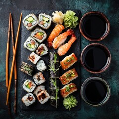 Fresh Sushi Platter with Varied Rolls, Shrimp, Garnishes, and Soy Sauce in Elegant Presentation