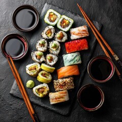 Assorted Sushi Selection with Wasabi and Soy Sauce on Slate Background Perfect for Food Photography