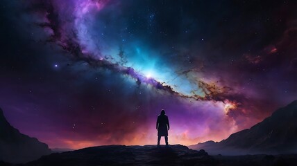 Fototapeta premium A person standing before a glowing cosmic vortex with swirling nebula colors in a dramatic sci-fi atmosphere.