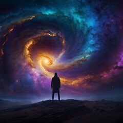 Fototapeta premium A person standing before a glowing cosmic vortex with swirling nebula colors in a dramatic sci-fi atmosphere.