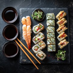 Assorted Sushi Platter with Fresh Ingredients and Soy Sauce on Textured Black Surface