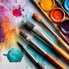 Vibrant Artist Tools with Paint Splatters and Brushes on Colorful Watercolor Paper Background