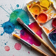 Vibrant Watercolor Paints and Brushes on Artistic Paper with Splashes and Texture for Creative Projects
