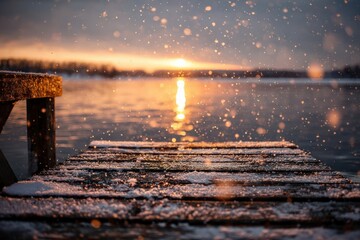 Tranquil Sunset Over Snowy Dock with Falling Snowflakes Reflecting on Calm Water Surface
