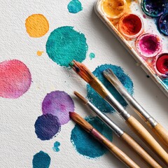 Vibrant Watercolor Paints and Brush Set on Textured Paper for Artistic Creations and Crafts
