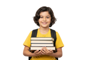 Smiling little schoolgirl with backpack holding books isolated on transparent background, ready for school