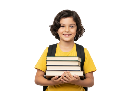 Smiling little schoolgirl with backpack holding books isolated on transparent background, ready for school - Powered by Adobe